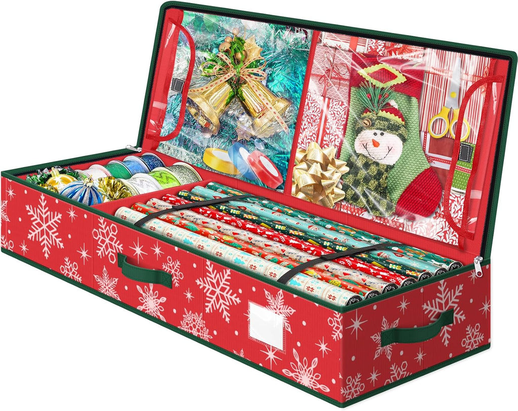 Christmas Gift Wrap Organizer Storage Box for Paper & Decor Snowflake Red | Nonwoven Fabric with Reinforced