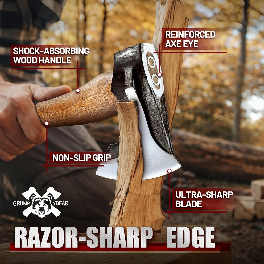 13" Camping Hatchet, Survival Axe with Sheath, High Carbon Steel and Wood Handle, Anti-Slip Grip – Ideal for
