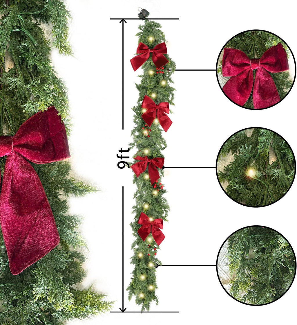 9ft Pre-Lit Real Touch Cedar Christmas Garland with Lights | Lighted Cypress Garland for Mantle,Greenery Christmas