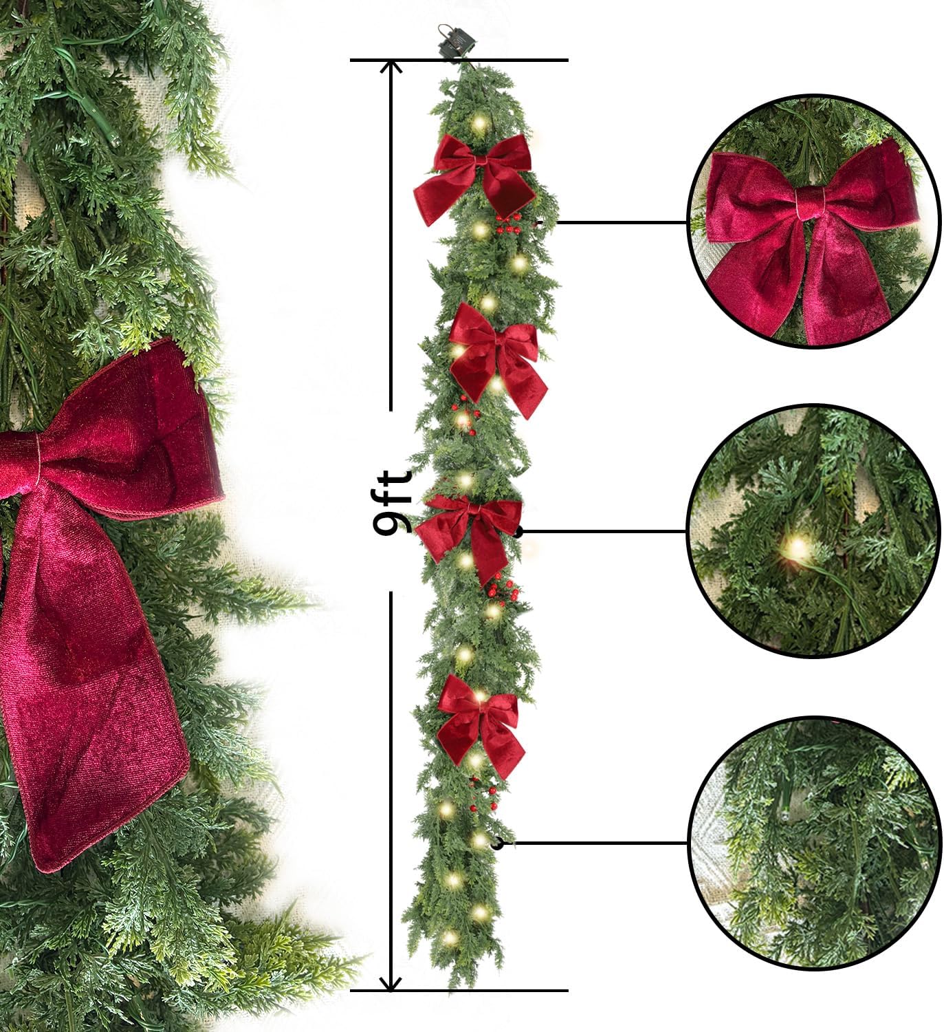 9ft Pre-Lit Real Touch Cedar Christmas Garland with Lights | Lighted Cypress Garland for Mantle,Greenery Christmas