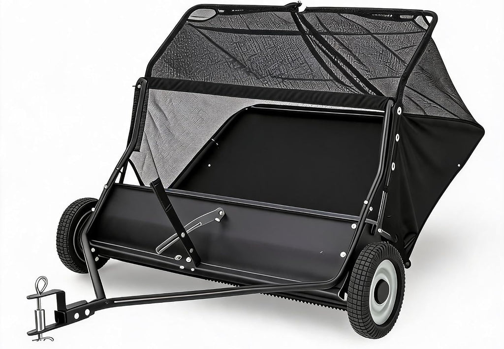 48" Tow Behind Lawn Sweeper, 25 Cu.ft Large Leaf Collector & Grass Catcher with Adjustable Brush Height, Dump from