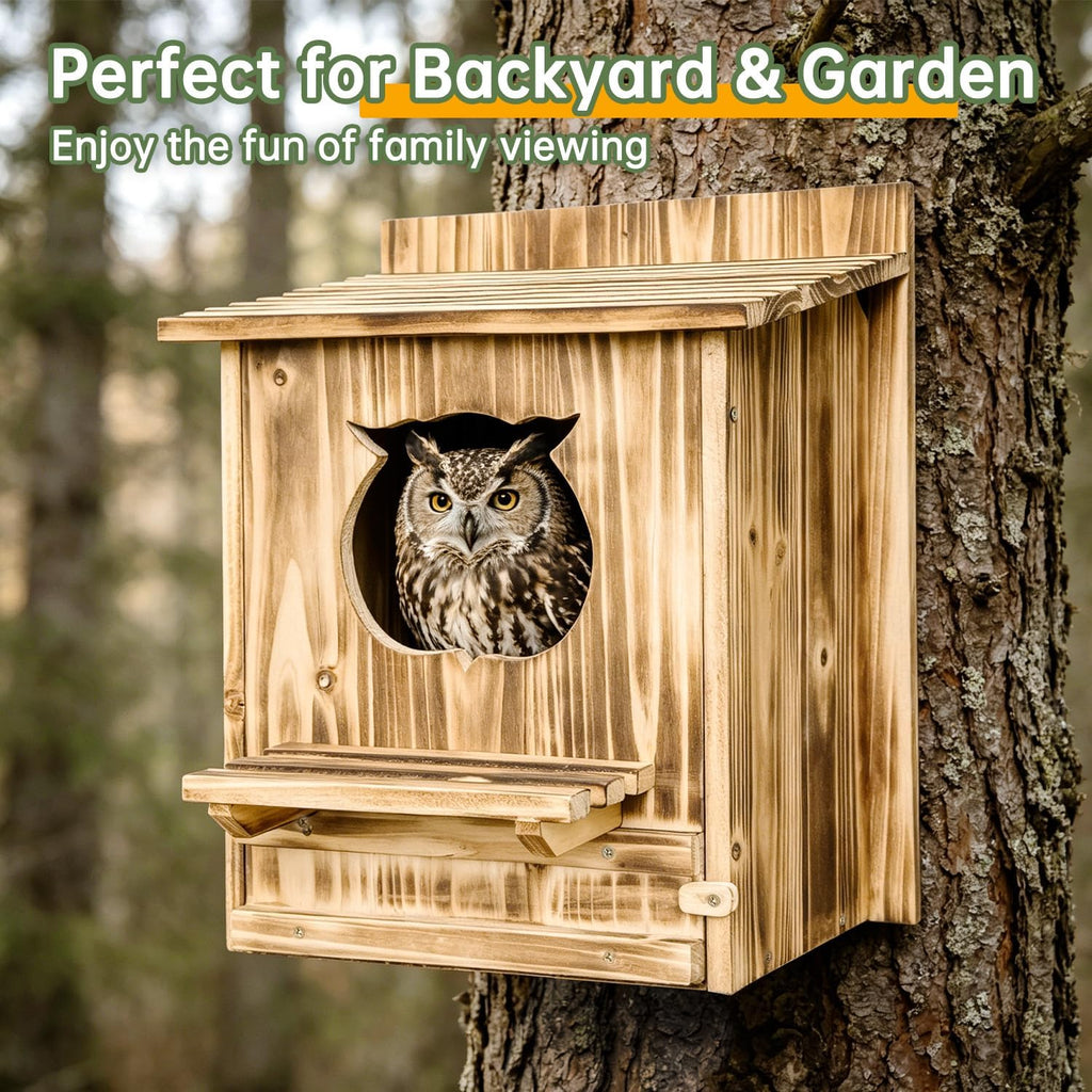Owl Nesting Box for Outside 14.2"x12"x8.3" Wooden Screech Owl House