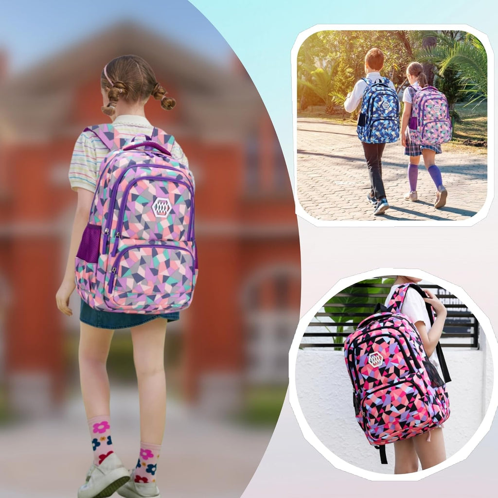 Geometric Print Kids Backpack for Girls Boys School Bag Bookbags | Multi-Pocket Girls Backpack for Primary Middle