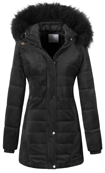 Women's Hooded Warm Winter Faux Fur Thicken Fleece Parkas Long Sherpa Coat M Black