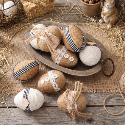 12 Pcs Rustic Farmhouse Easter Burlap Eggs Decoration Vintage Black and White Easter Eggs Ornaments Set Bowl Filler