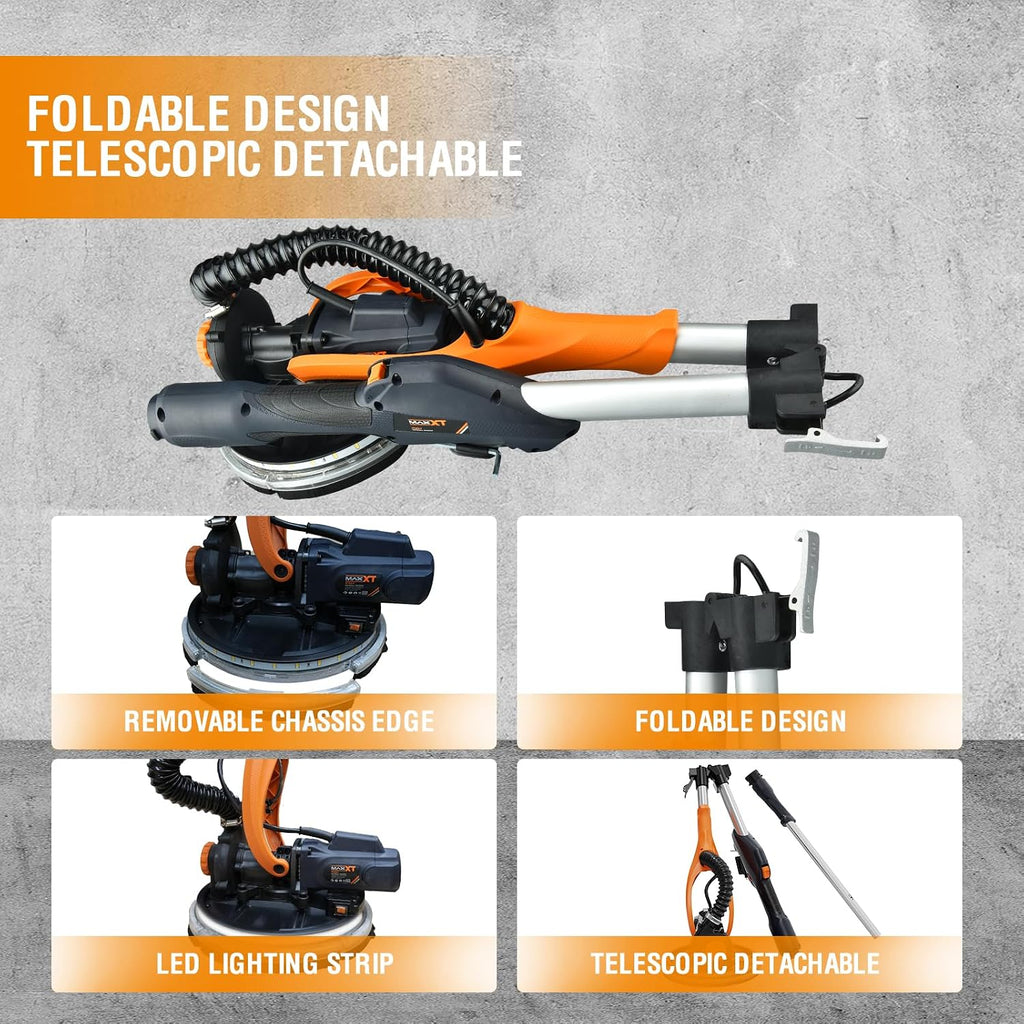 Drywall Sander with Vacuum Dust Collection, 6 Variable Speed Foldable Telescopic Electric Wall Sander, Popcorn