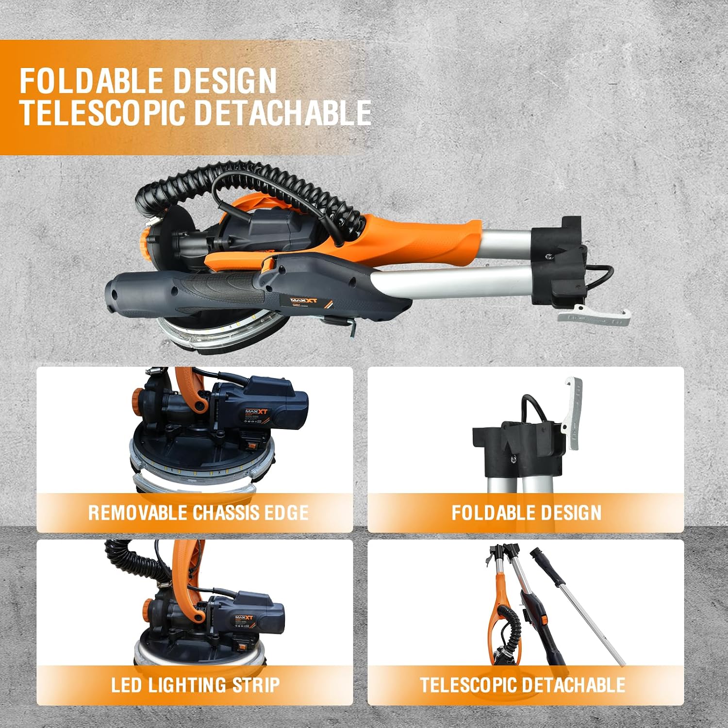 Drywall Sander with Vacuum Dust Collection, 6 Variable Speed Foldable Telescopic Electric Wall Sander, Popcorn