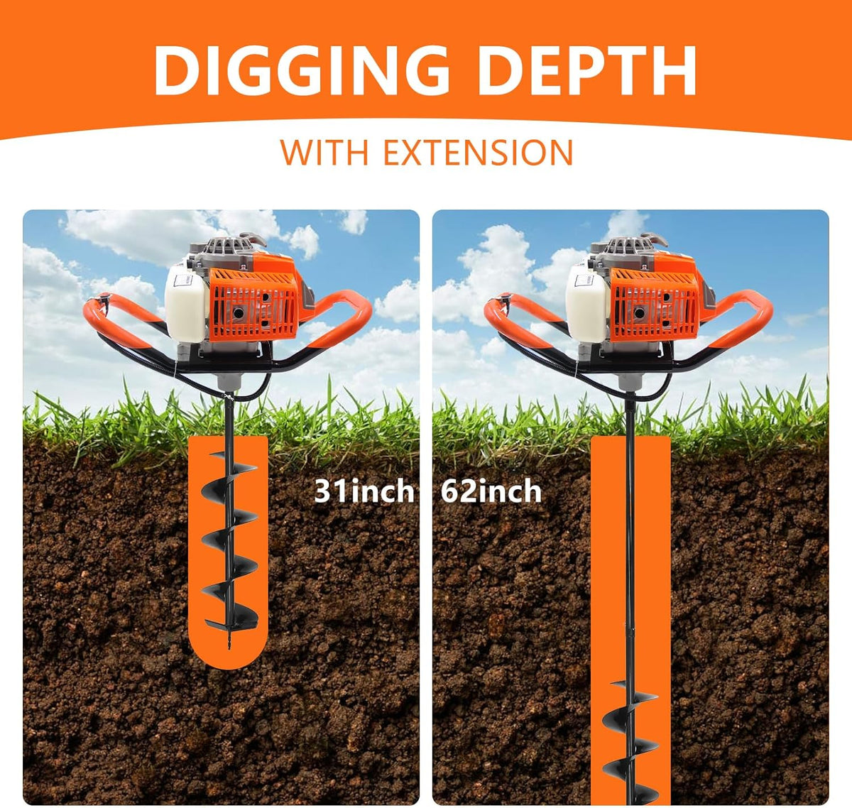 72CC Post Hole Digger Gas Powered, 2 Stroke Auger with 6" & 8" Bits | LightWeight Powerful. Easy start, One-Person