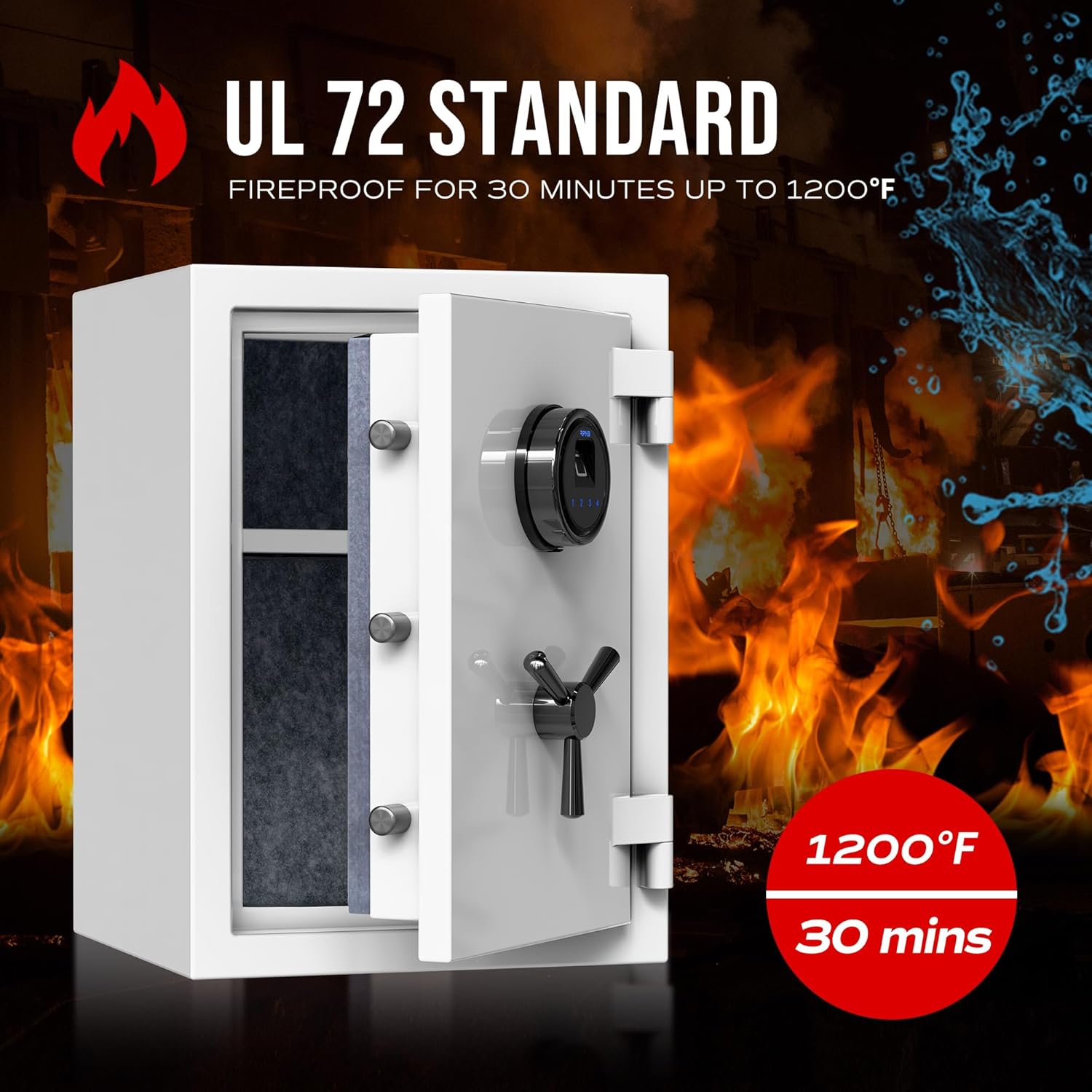 Deluxe Biometric Safe Box,Digital Fingerprint Fireproof Waterproof Safe with Touch Screen,Removable Shelf and 3 Spoke