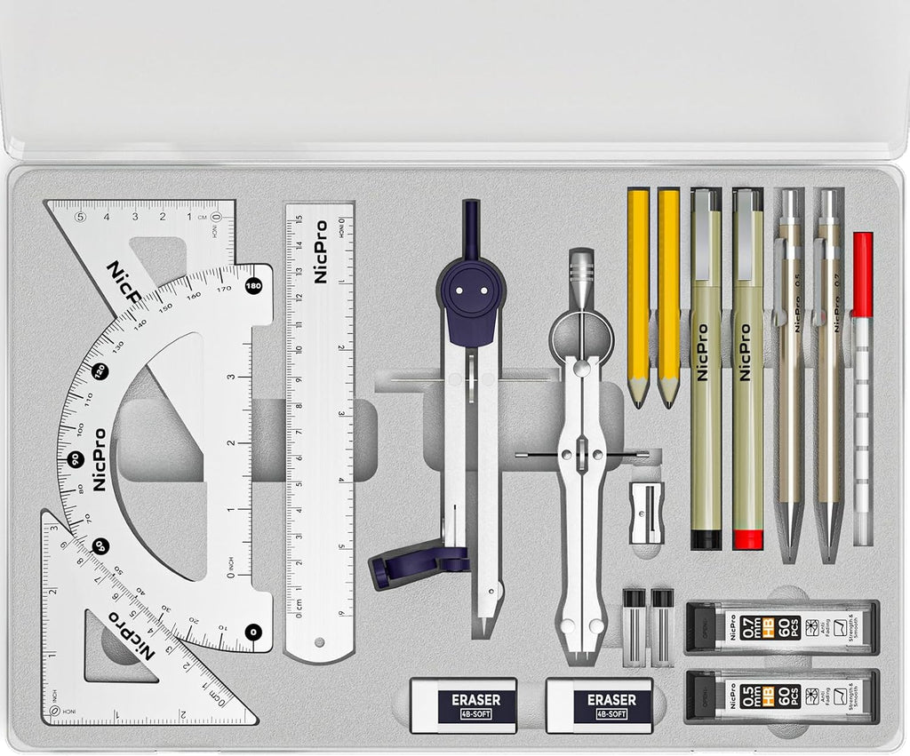 20PCS Professional Geometry Set Drafting Tool Protractor Compass | With Case, Metal Rulers, Triangles, Pens, Pencils