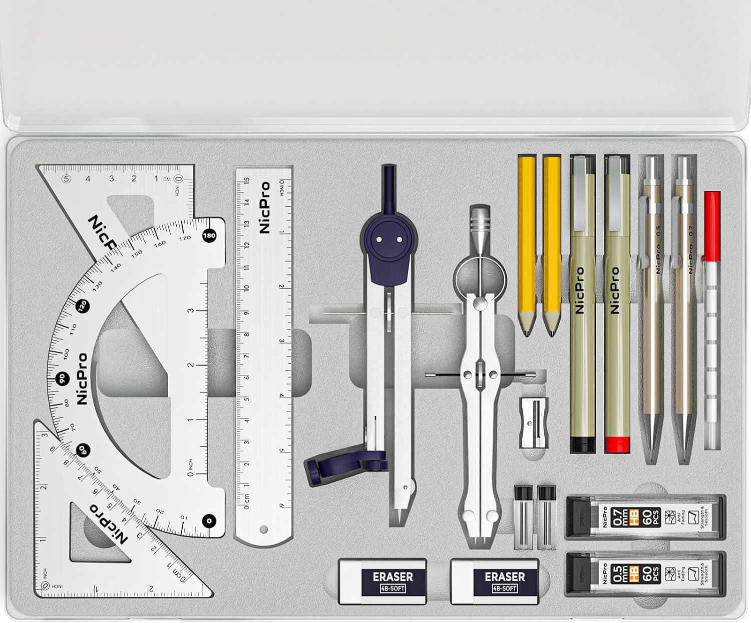 20PCS Professional Geometry Set Drafting Tool Protractor Compass | With Case, Metal Rulers, Triangles, Pens, Pencils
