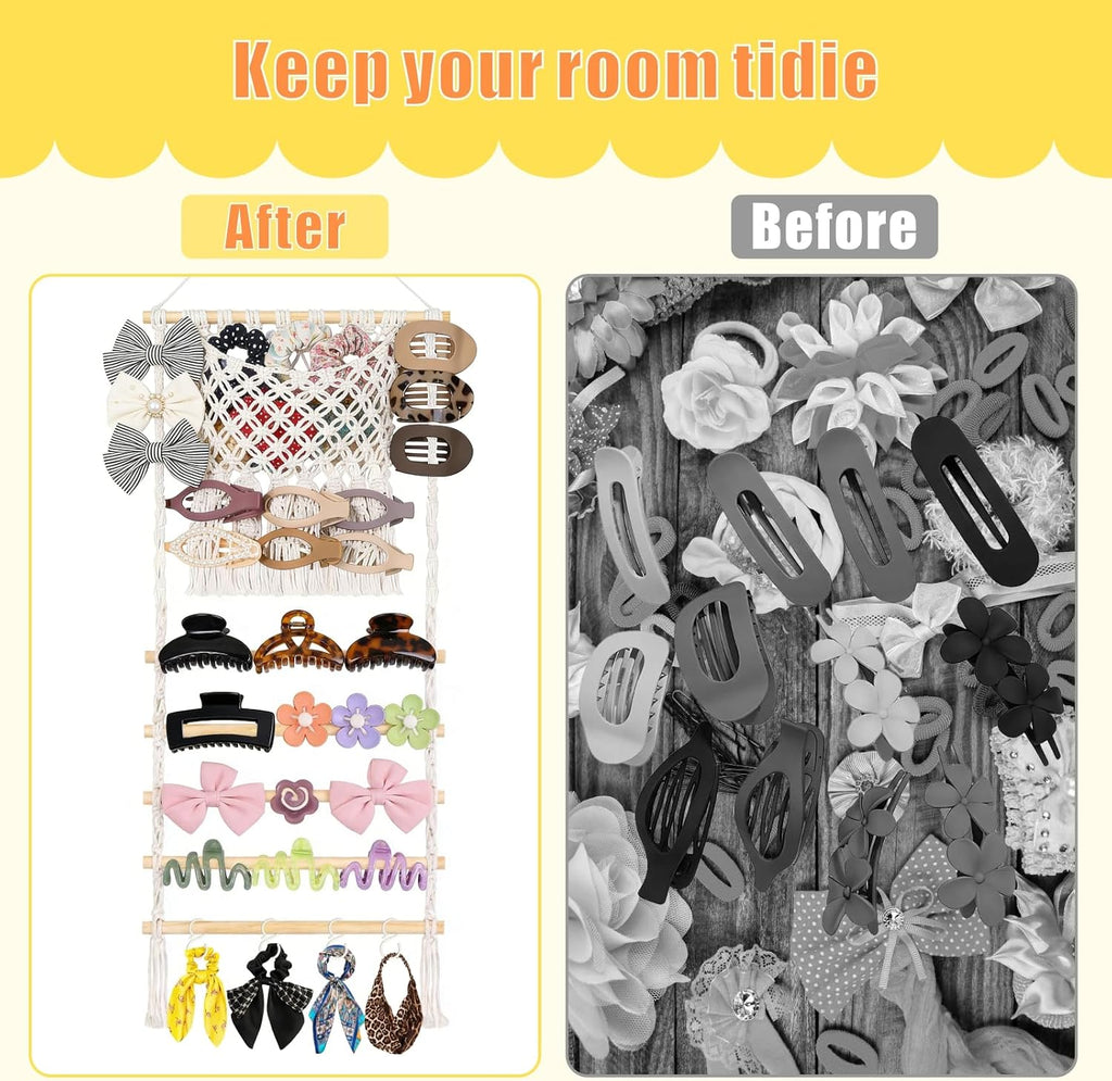 Hair Claw Clip & Headband Holder Organizer, Large Capacity Mesh Pocket | Hanging Storage with Adhesive Hook, Hair