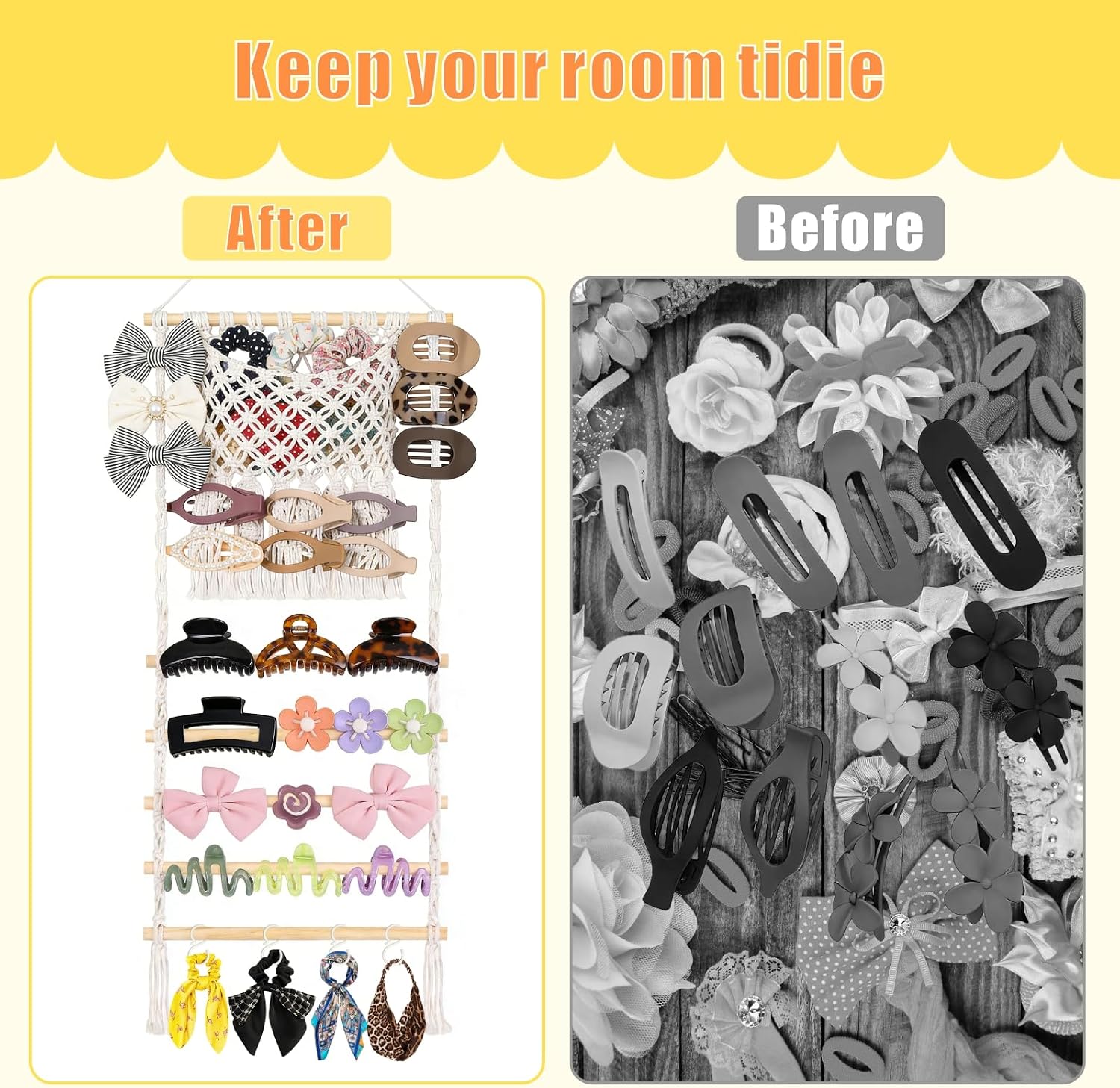 Hair Claw Clip & Headband Holder Organizer, Large Capacity Mesh Pocket | Hanging Storage with Adhesive Hook, Hair