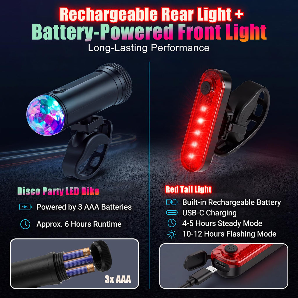 2 Pcs LED Disco Bike Lights Front and Back USB-C Red Tail Light