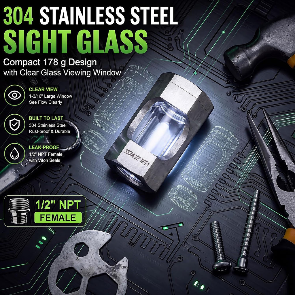 Konohan 1/2" NPT Inline Sight Glass, 304 Stainless Steel Flow Viewer