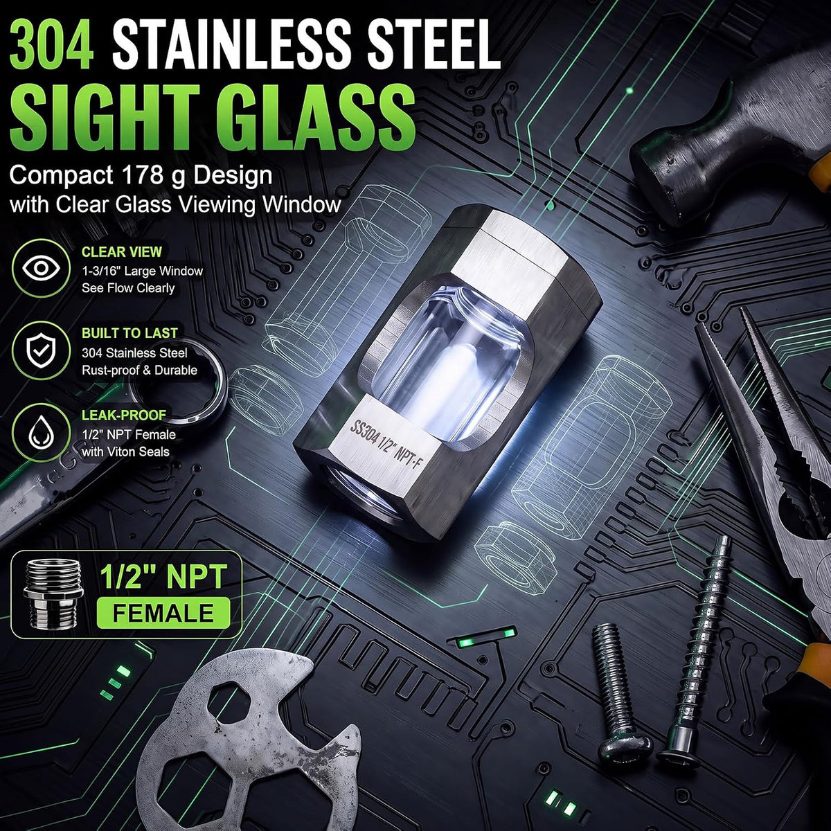 Konohan 1/2" NPT Inline Sight Glass, 304 Stainless Steel Flow Viewer