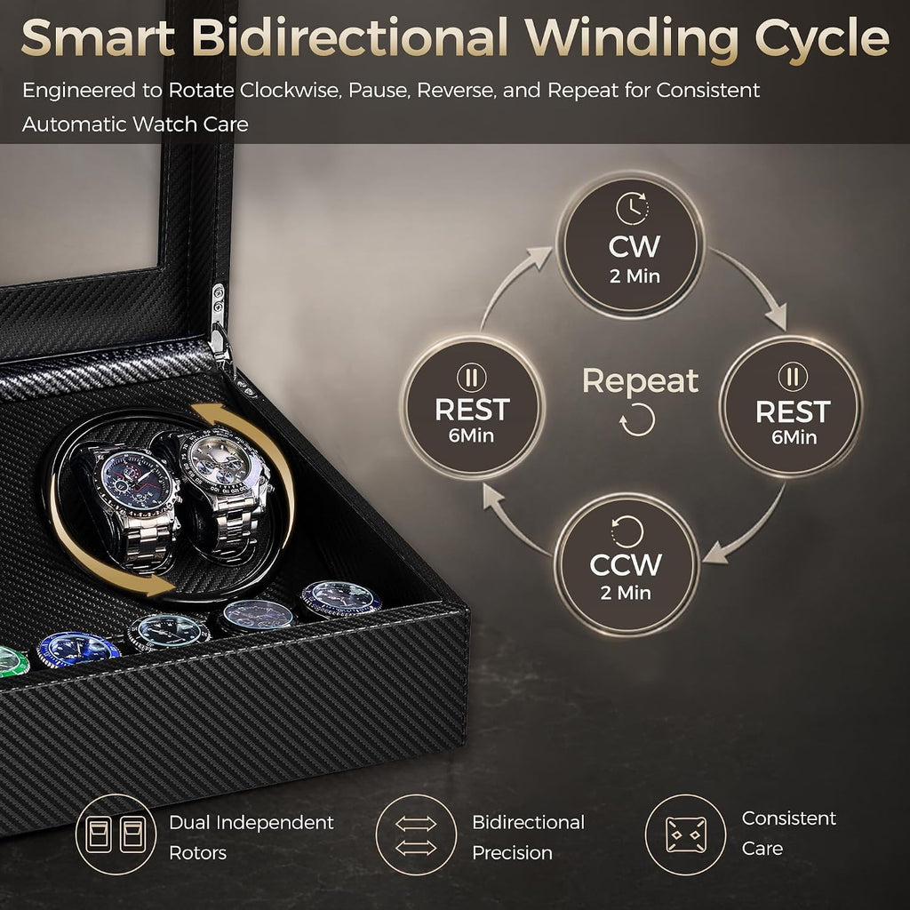 Watch Winder for Automatic Watches, Automatic Watch Winder | 4 Watch Winder with 6 Slots, Carbon Fiber Finish