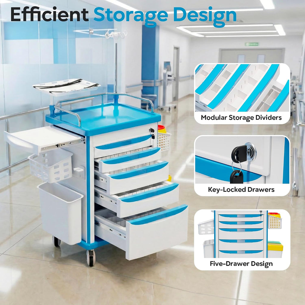 Medical Rolling Storage Crash Cart with Wheels, 5-Tier Medical Cart with Drawers, Adjustable IV Pole, Trash Bin & O2