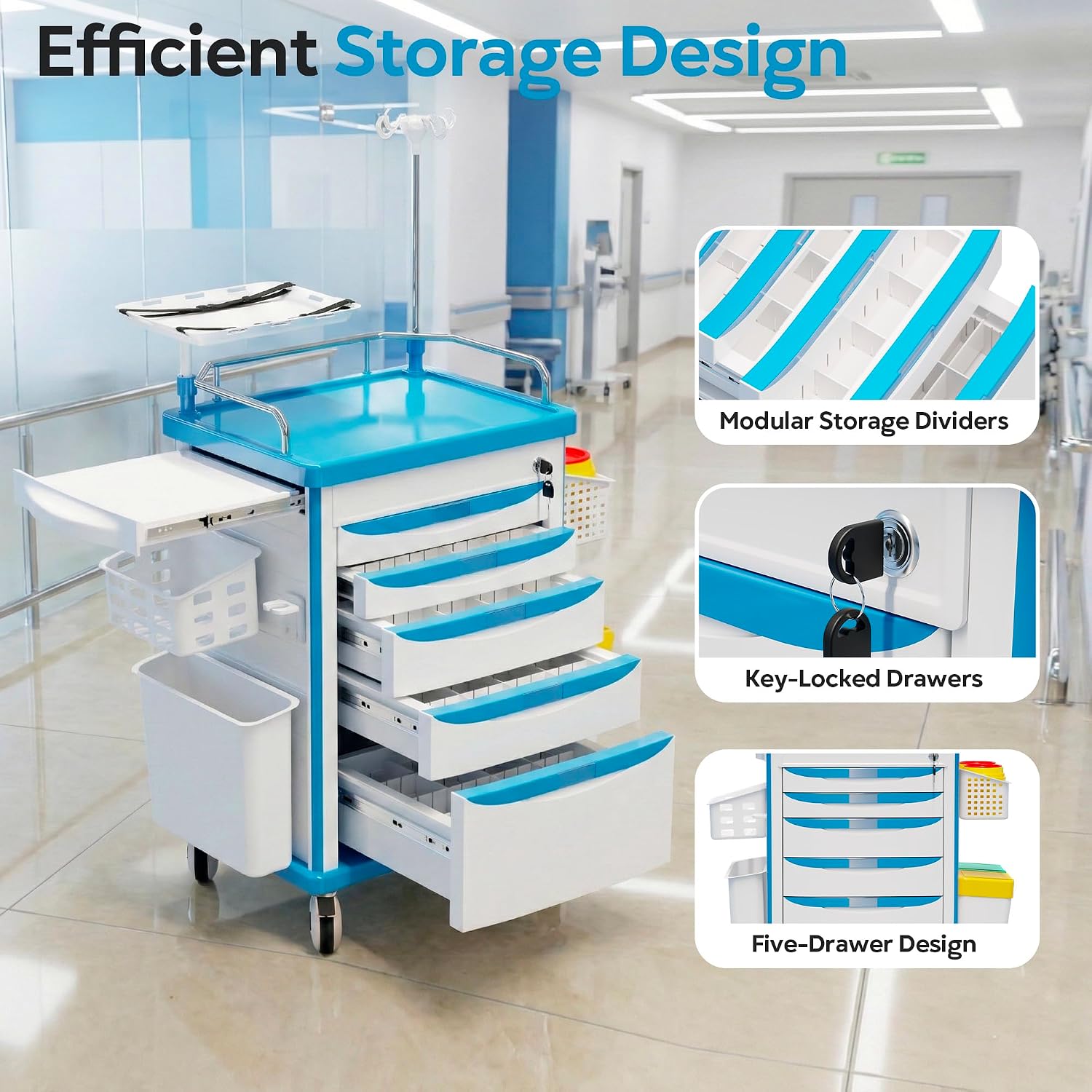 Medical Rolling Storage Crash Cart with Wheels, 5-Tier Medical Cart with Drawers, Adjustable IV Pole, Trash Bin & O2
