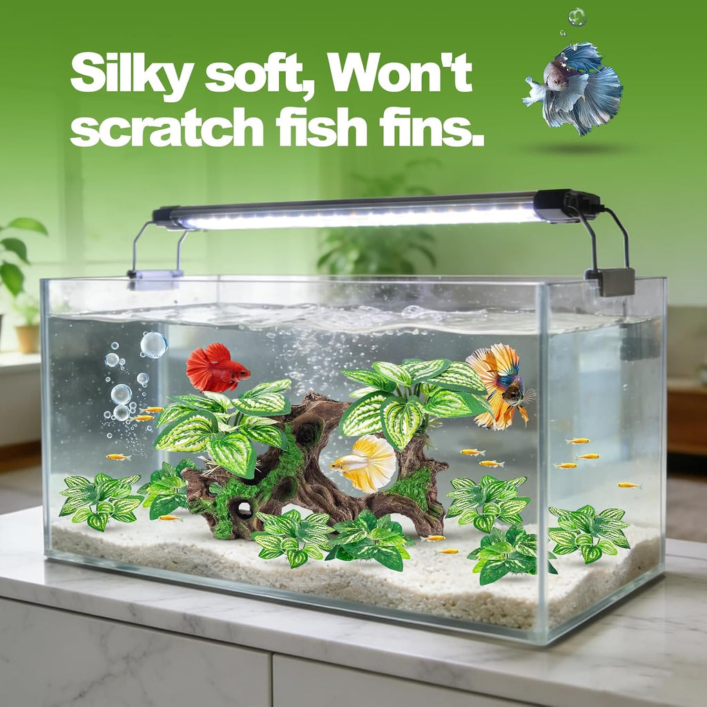 8 Pcs Fish Tank Decor，Silk Aquarium Plants Green Silk Leaf pad Hammock Artifical Driftwood cave Betta Fish Tank