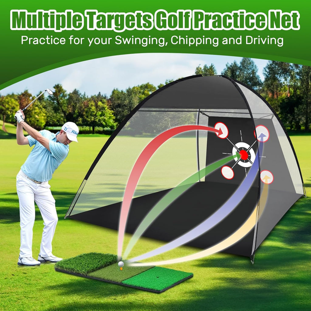 Golf Net with Practice Mat,Golf Hitting Aid Nets 10x7FT for Backyard Driving Chipping Training Swing,Gifts for Men