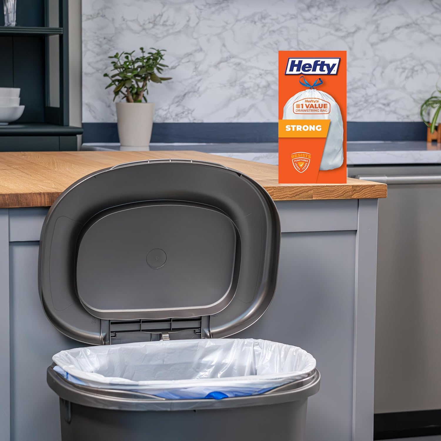 Strong 13 Gallon Trash Bags, Tall Kitchen, Drawstrings, Durable Closure, Resists Leaks, Punctures, Tears, White
