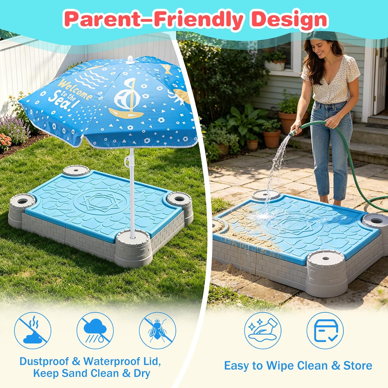 Kids Excavator Sandbox with Umbrella & Cover, Construction Sandbox Set with Beach Toys & Dump Truck, Outdoor