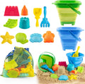 Collapsible Beach Toys for Toddlers Kids – 2 Foldable Sand Buckets Shovel Rake, 8 Sand Molds & Castle Building Kit