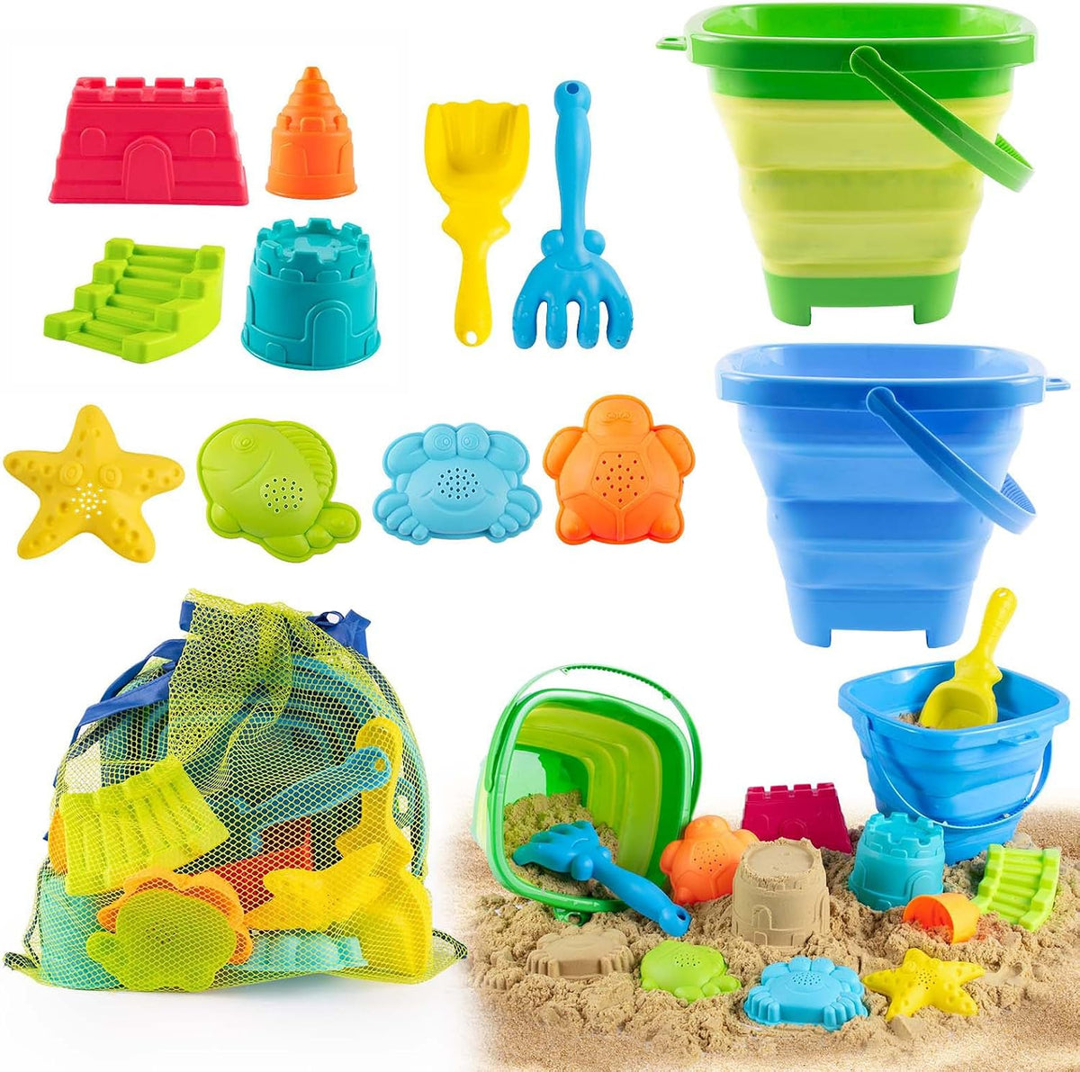 Collapsible Beach Toys for Toddlers Kids – 2 Foldable Sand Buckets Shovel Rake, 8 Sand Molds & Castle Building Kit
