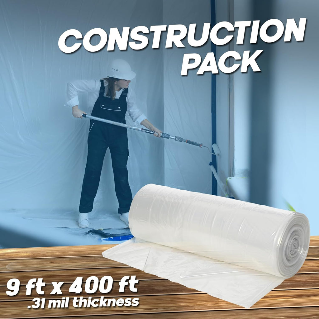 Painter's Plastic Film, 400' Length x 9' Width High, High Density Painters Plastic Sheeting Roll in Box with Dispense