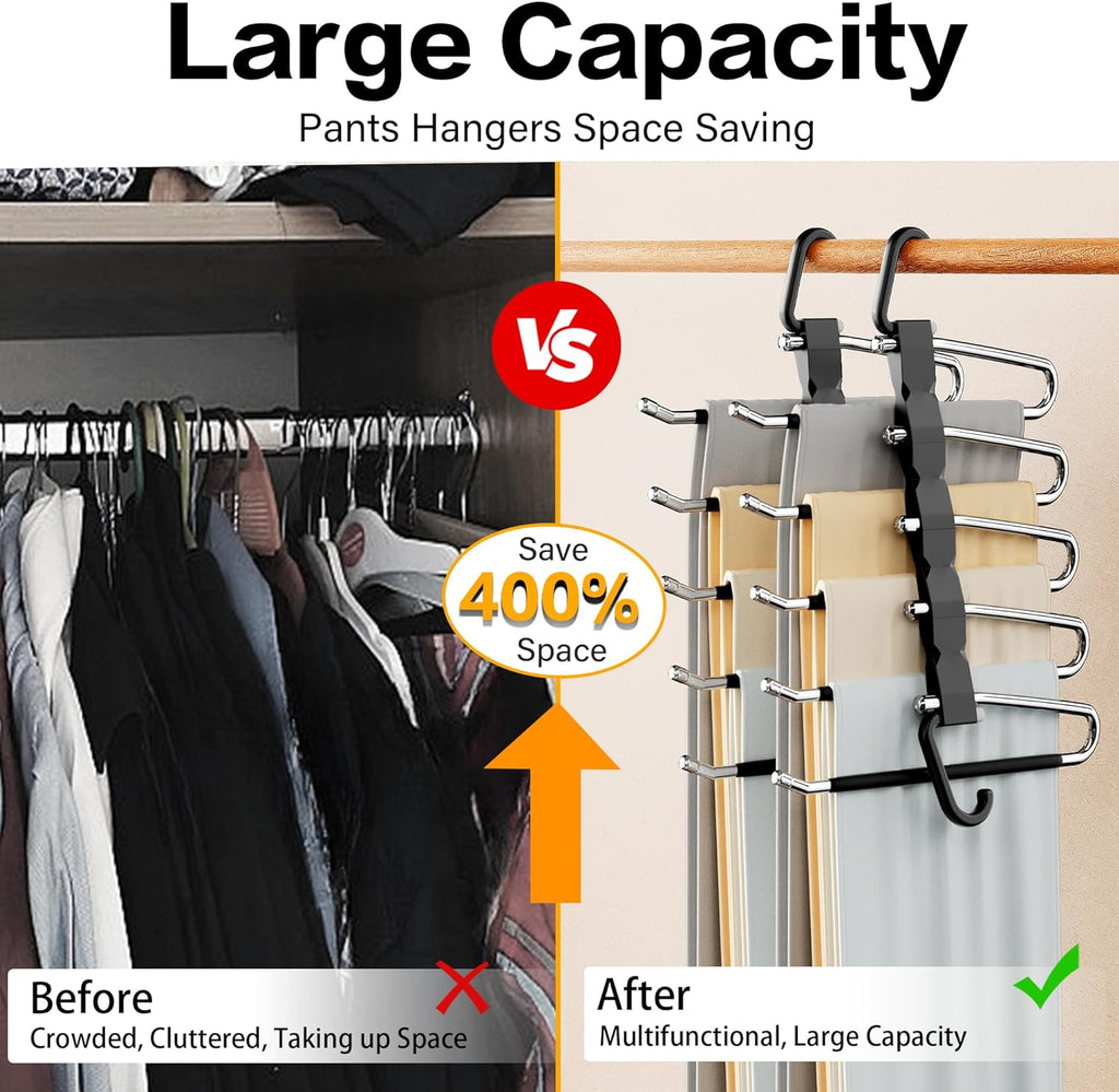 Pants Hangers Space Saving - 2 Pack Closet Organizer and Storage Jean Hangers, Stainless Steel Anti-Slip Clothes