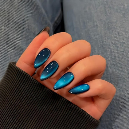 Cat Eye Press on Nails Almond, Glitter Dark Blue Fake Nails Medium, Sparkly Nails Press on, Shiny Acrylic Nails, Cute