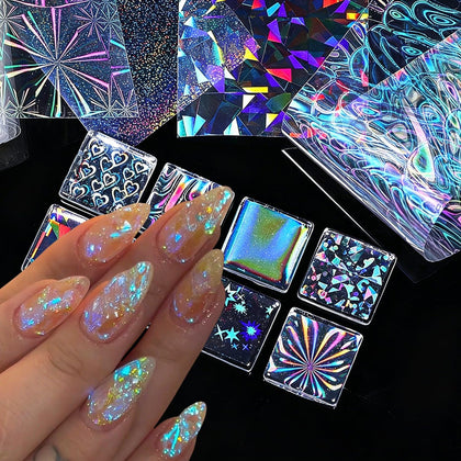 6 Rolls Aurora Nail Foil Transfer for Nails Art Holographic Iridescent Nail Stickers Star Heart Glitter Nails Art