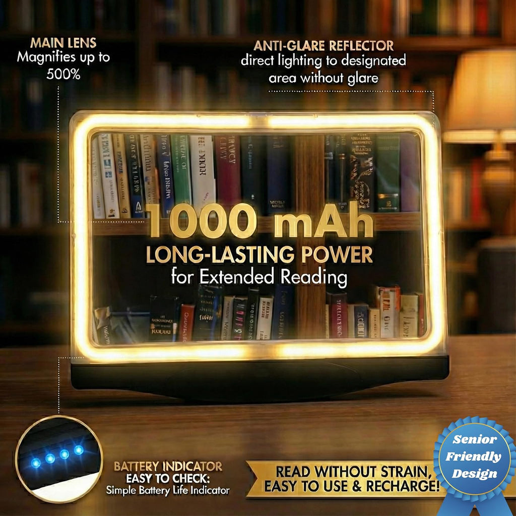 5X Rechargeable Large Ultra Bright LED Page Magnifier with Anti-Glare Lens & 3 Color Dimmable Light Modes, Relieve
