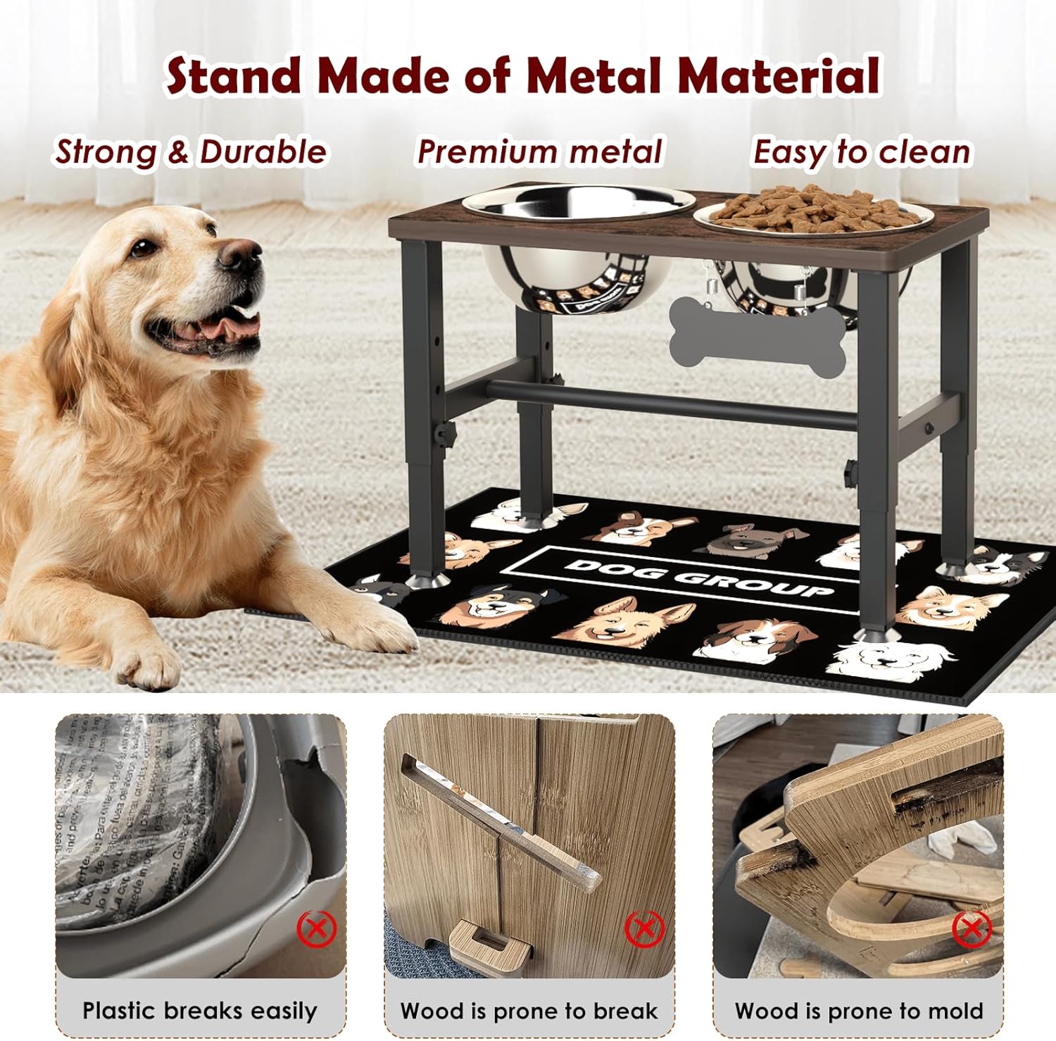 Elevated Dog Bowls with Slow Feeder & Mat for Medium and Large Dogs, 12" Tall Adjustable Wooden & Metal Raised Dog