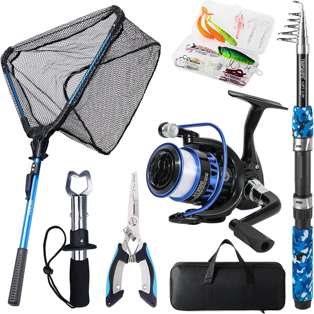 Fishing Rod and Reel Combo with Fishing Net, 6.9ft Telescopic Fishing Pole Kit with Fishing Pliers, Lip Gripper