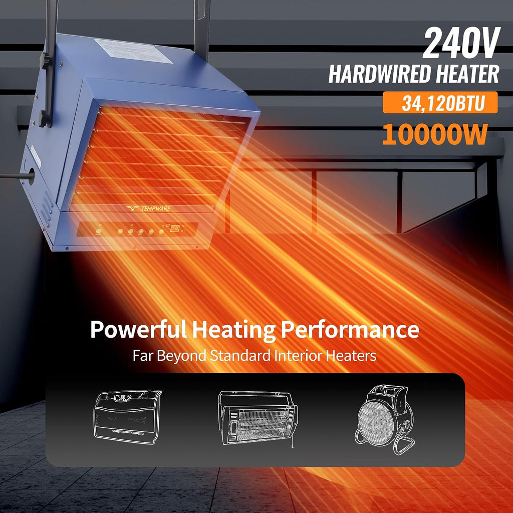 Electric Garage Heater, 10000-Watt Digital Fan-Forced Ceiling Mount Shop Heater with Smart WIFI Control, ECO Mode and