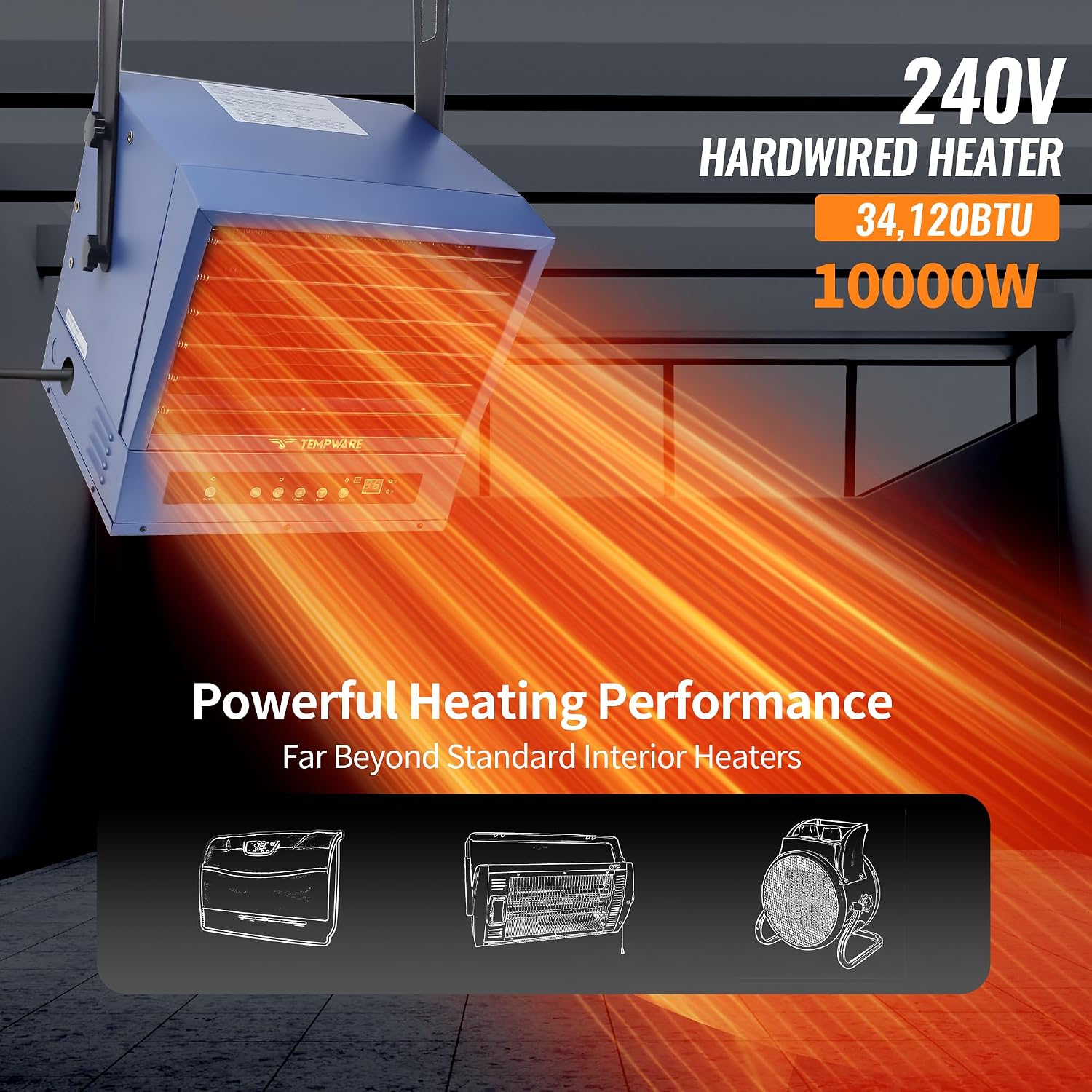 Electric Garage Heater, 10000-Watt Digital Fan-Forced Ceiling Mount Shop Heater with Smart WIFI Control, ECO Mode and