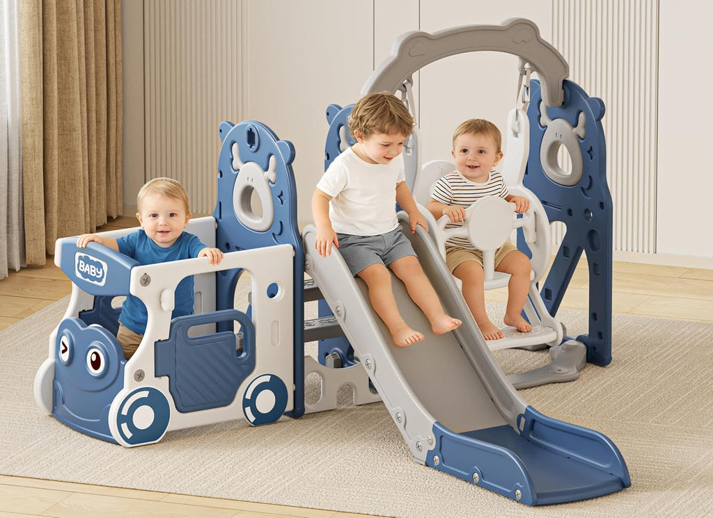 Toddler Slide and Swing Set, Bus Themed Kids Slide for Toddlers Age 1+, Toddler Outdoor Indoor Playset (Blue)