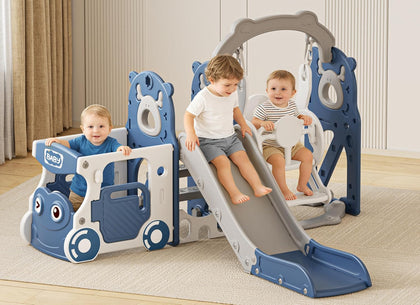 Toddler Slide and Swing Set, Bus Themed Kids Slide for Toddlers Age 1+, Toddler Outdoor Indoor Playset (Blue)