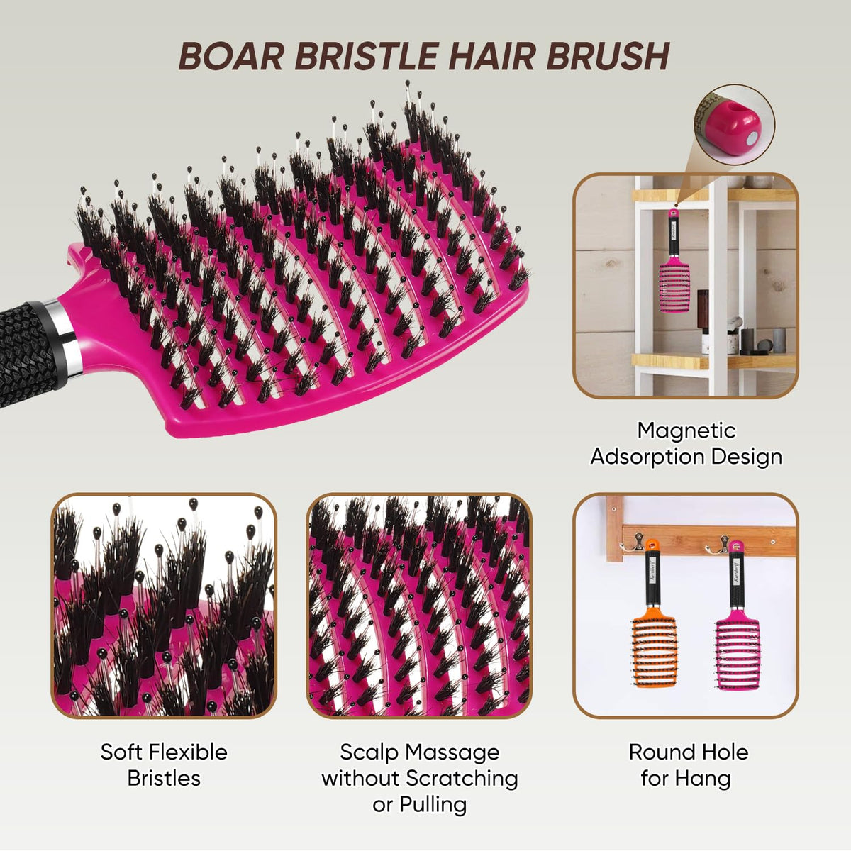 Boar Bristle Detangling Hair Brush for Wet & Dry Hair, Women Men | Paddle Detangler Hairbrush 2-Pack for Thick Fine