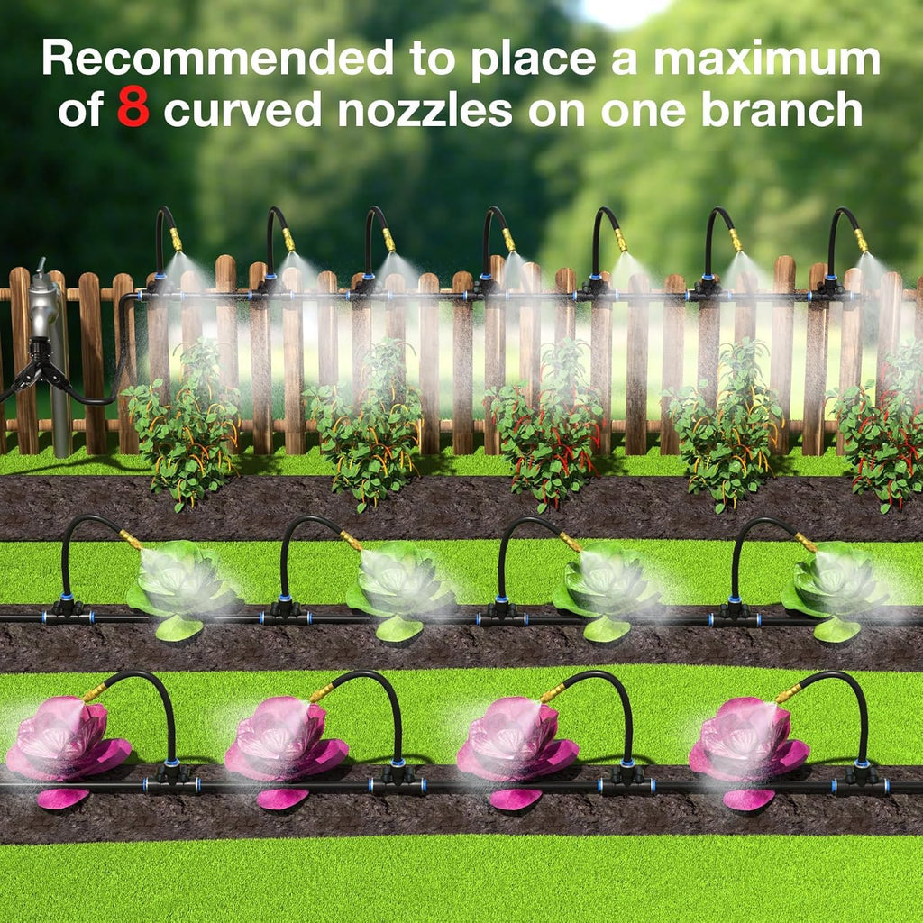 1/4" 100Ft Drip Irrigation System for Garden with 16pcs 360°Adjustable Brass Nozzles & Bendable Rod,Upgraded Watering