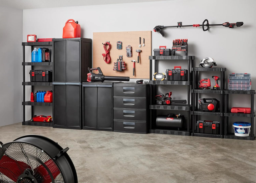 Heavy Duty 4-Tier Storage Shelving Unit, Black Plastic, 30 Inch Wide x 56.2 Inch High, 280 lb Capacity, Tool-Free