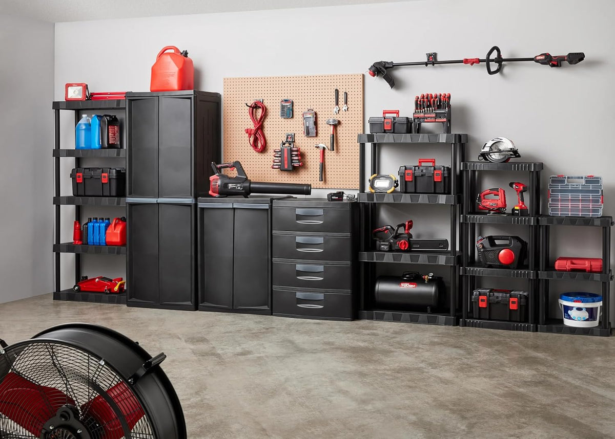 Heavy Duty 4-Tier Storage Shelving Unit, Black Plastic, 30 Inch Wide x 56.2 Inch High, 280 lb Capacity, Tool-Free