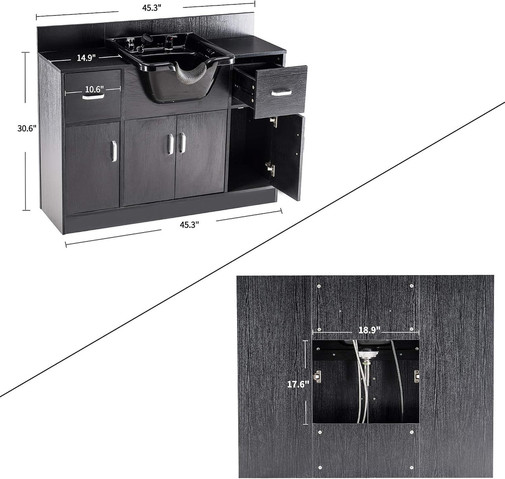 Multi-Functional Backwash Sink Station with Shampoo Bowl for Hair Stylist, Salon Spa Beauty Cabinet with Faucet
