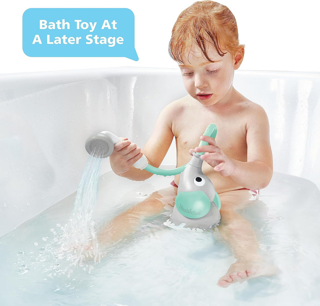 Baby Bath Shower Head - Elephant Water Pump and Trunk Spout Sprayer - One Handed Flow Control for Newborn Babies in