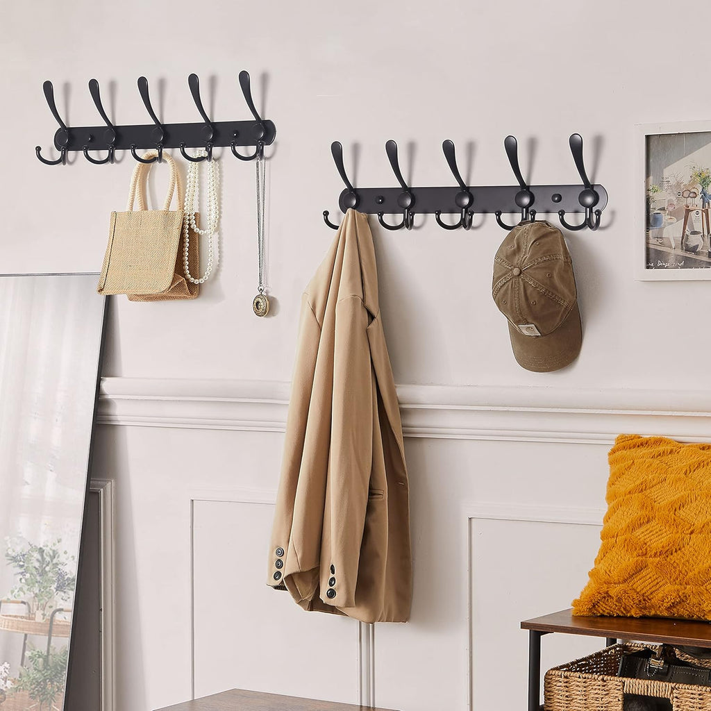 Coat Rack Wall Mounted - 5 Tri Hooks, Heavy Duty, Stainless Steel, Metal Coat Hook Rail for Coat Hat Towel Purse