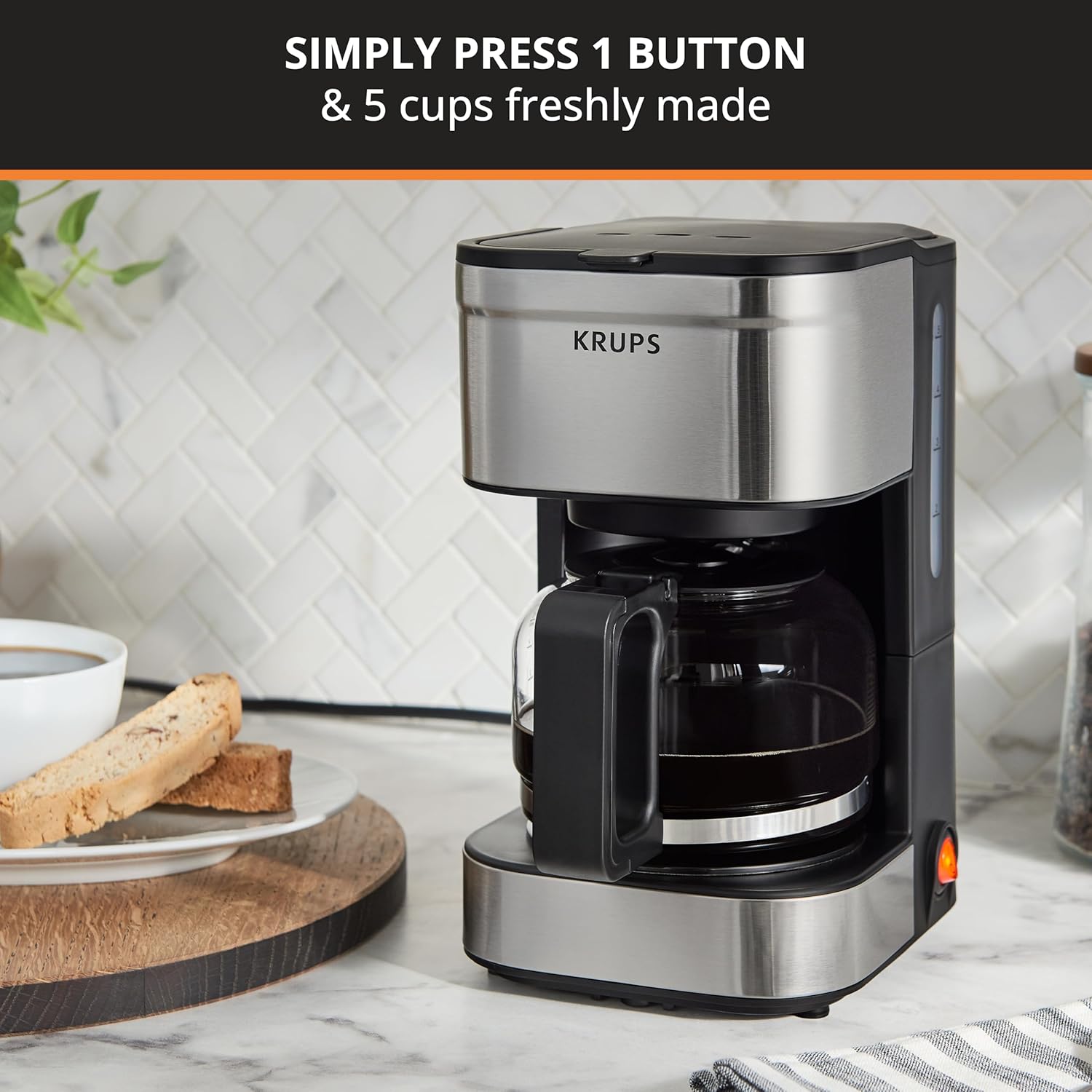 Simply Brew Compact 5 Cup Coffee Maker: Stainless Steel Design, Pause & Brew, Keep Warm, Reusable Filter, Drip-Free