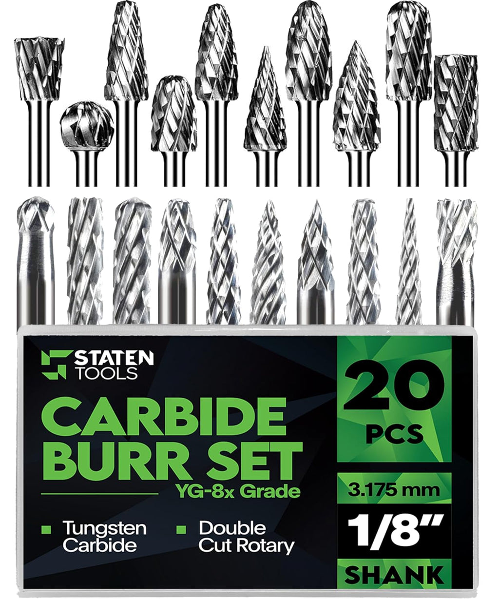 1/8 In Carbide Burr Set 20-Pc Double Cut Die Grinder Bits for Metal