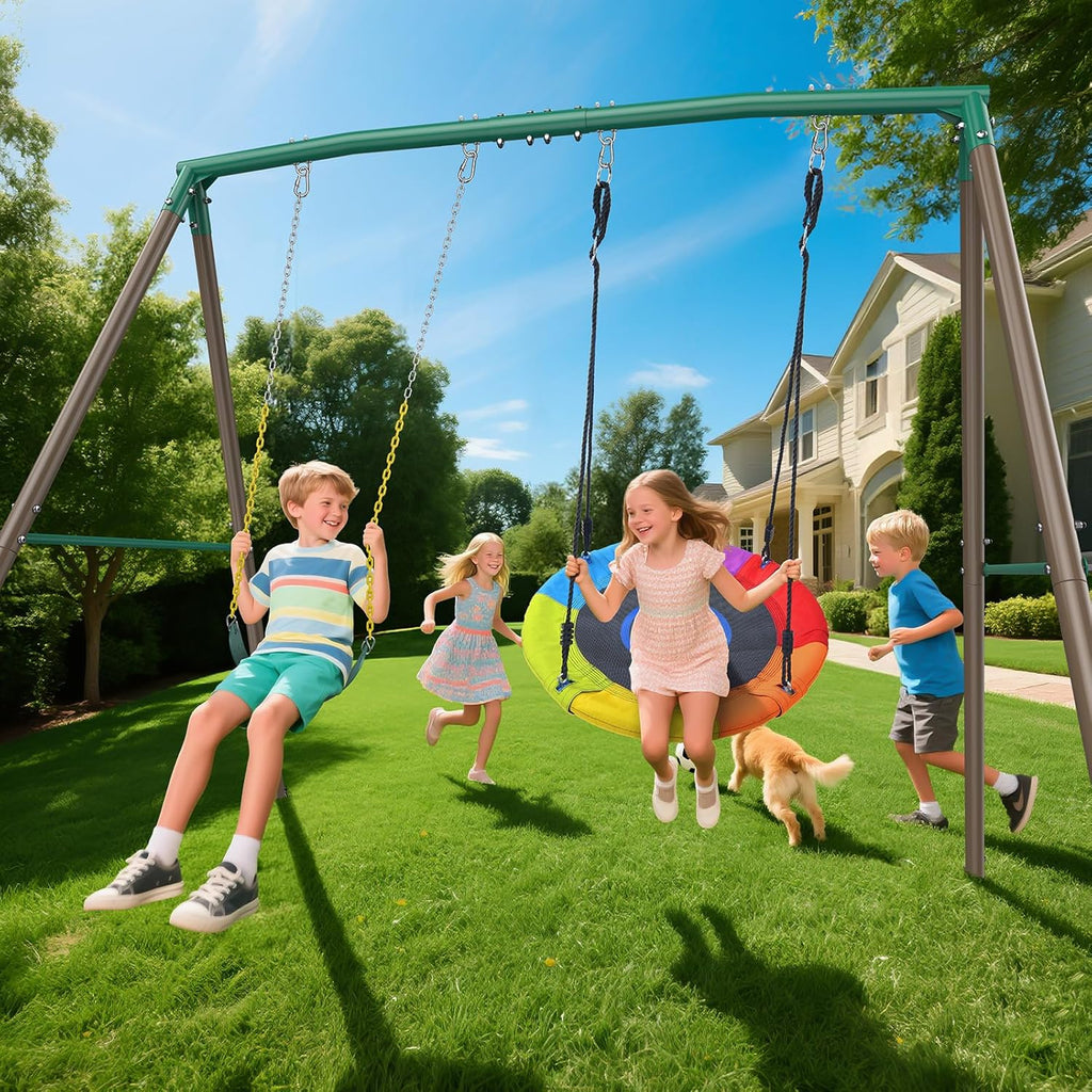 440lbs Swing Sets for Backyard - 2 Seat Outdoor Kids Playset with Saucer & Belt Swing, Heavy-Duty A-Frame Metal Stand